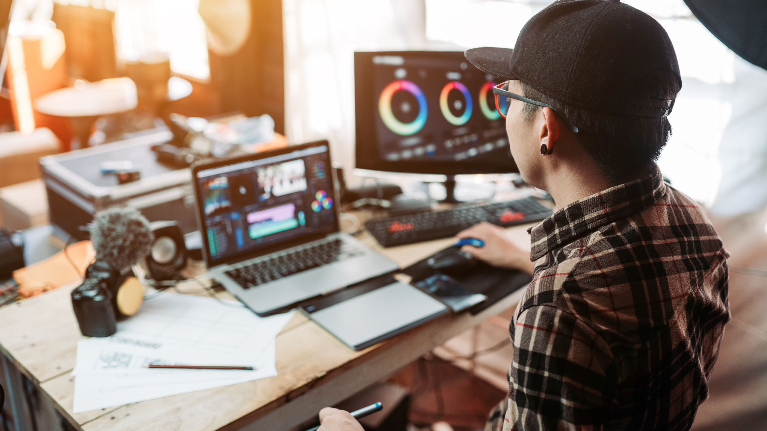 Männlciher Multimedia Producer sitzt vor PC Bildschirm und schneidet Videos