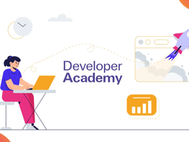 Developer Academy Illustration of the Developer Academy featuring a female software developer and a rocket emoji