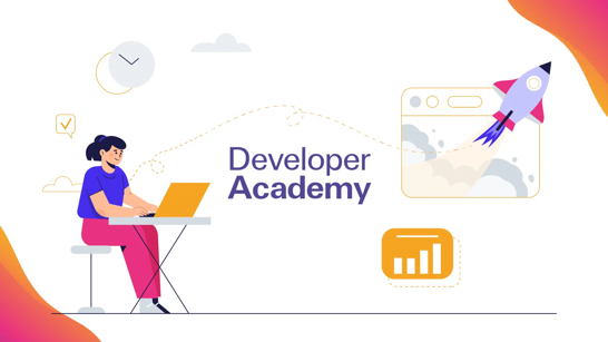 Illustration of the Developer Academy featuring a female software developer and a rocket emoji
