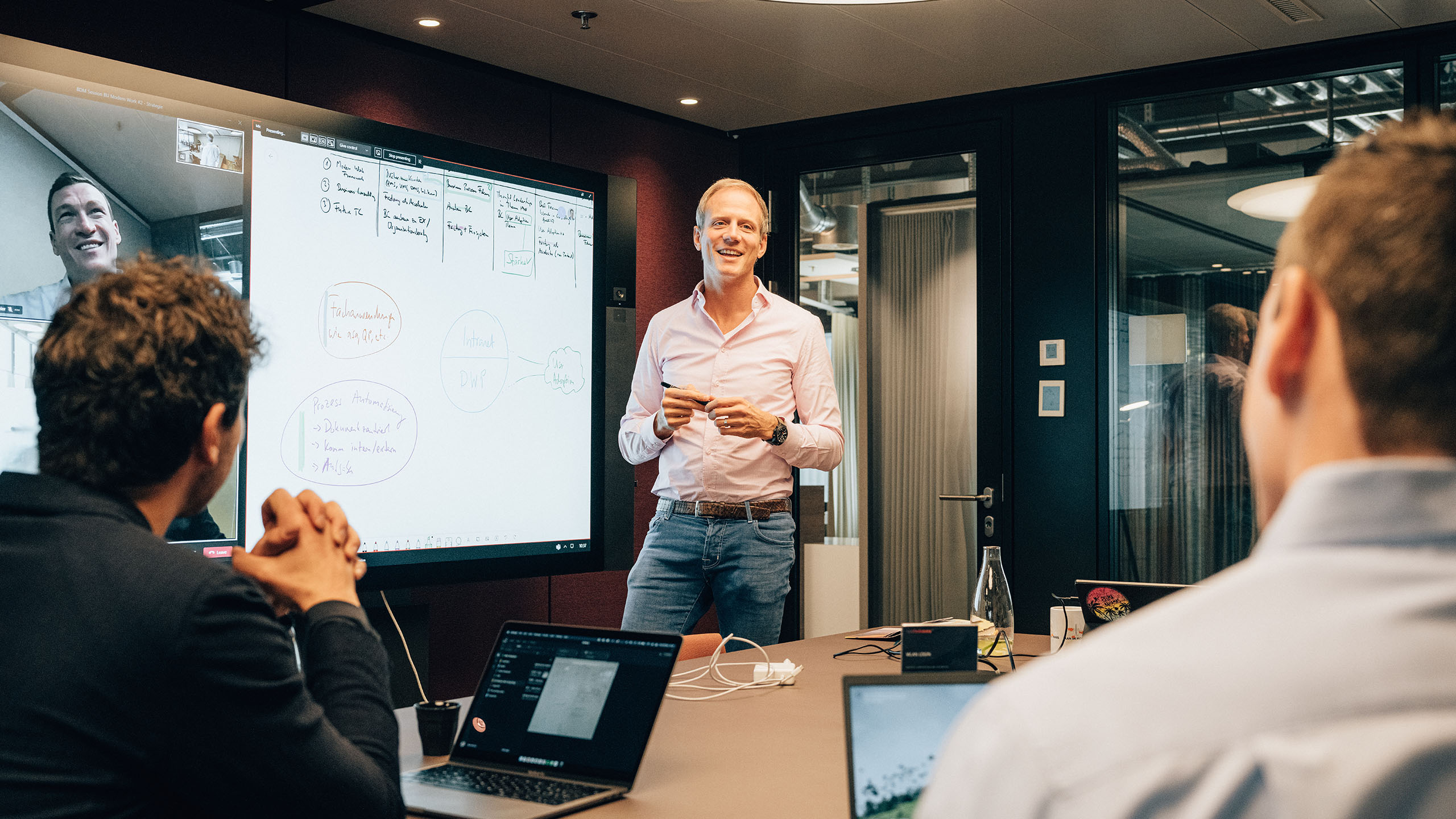 Hybrid Meeting mit SurfaceHub, wo Security Services am Whiteboard skizziert sind