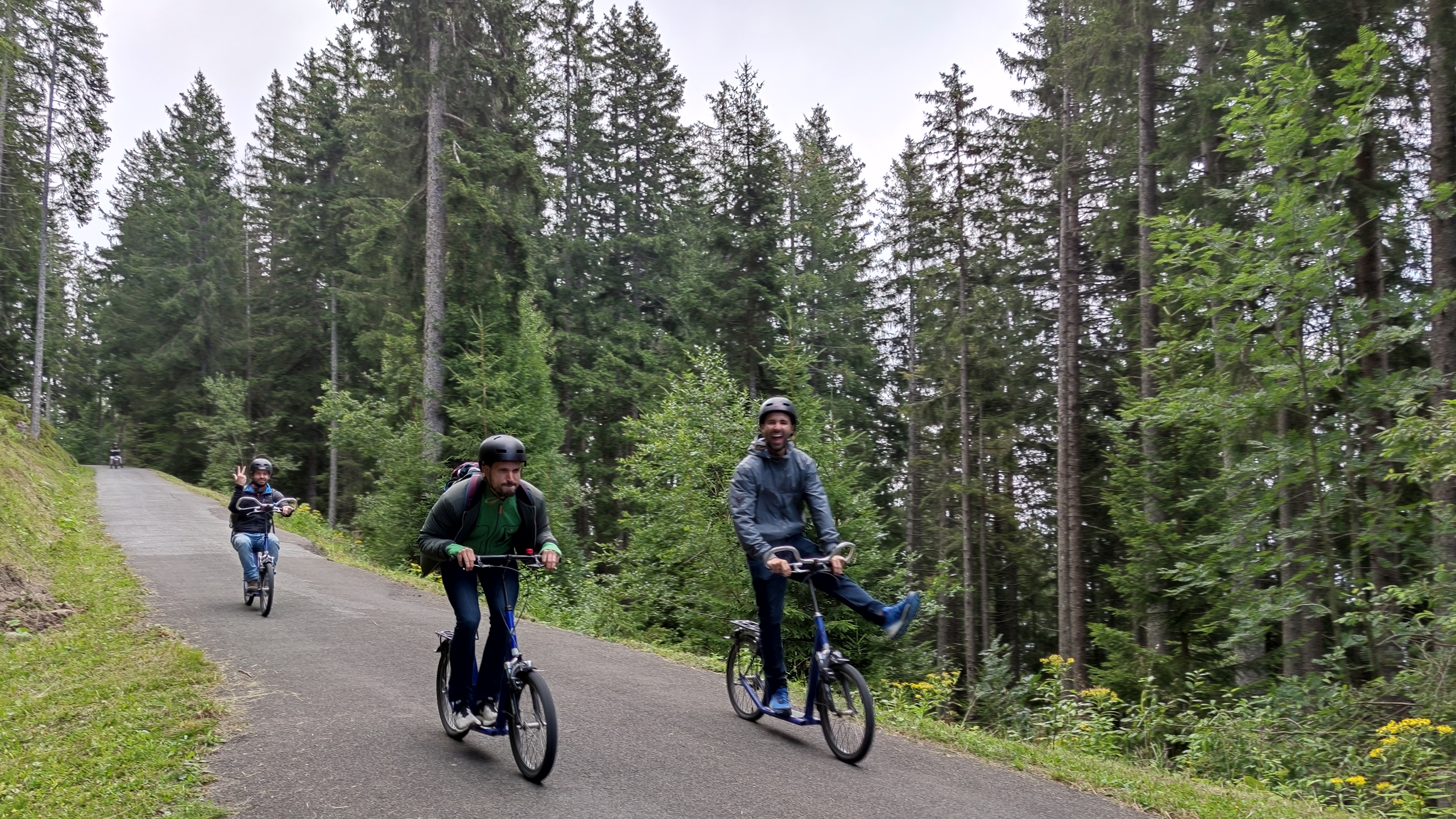 Racing down the mountain on a bicycle in the swiss mountains